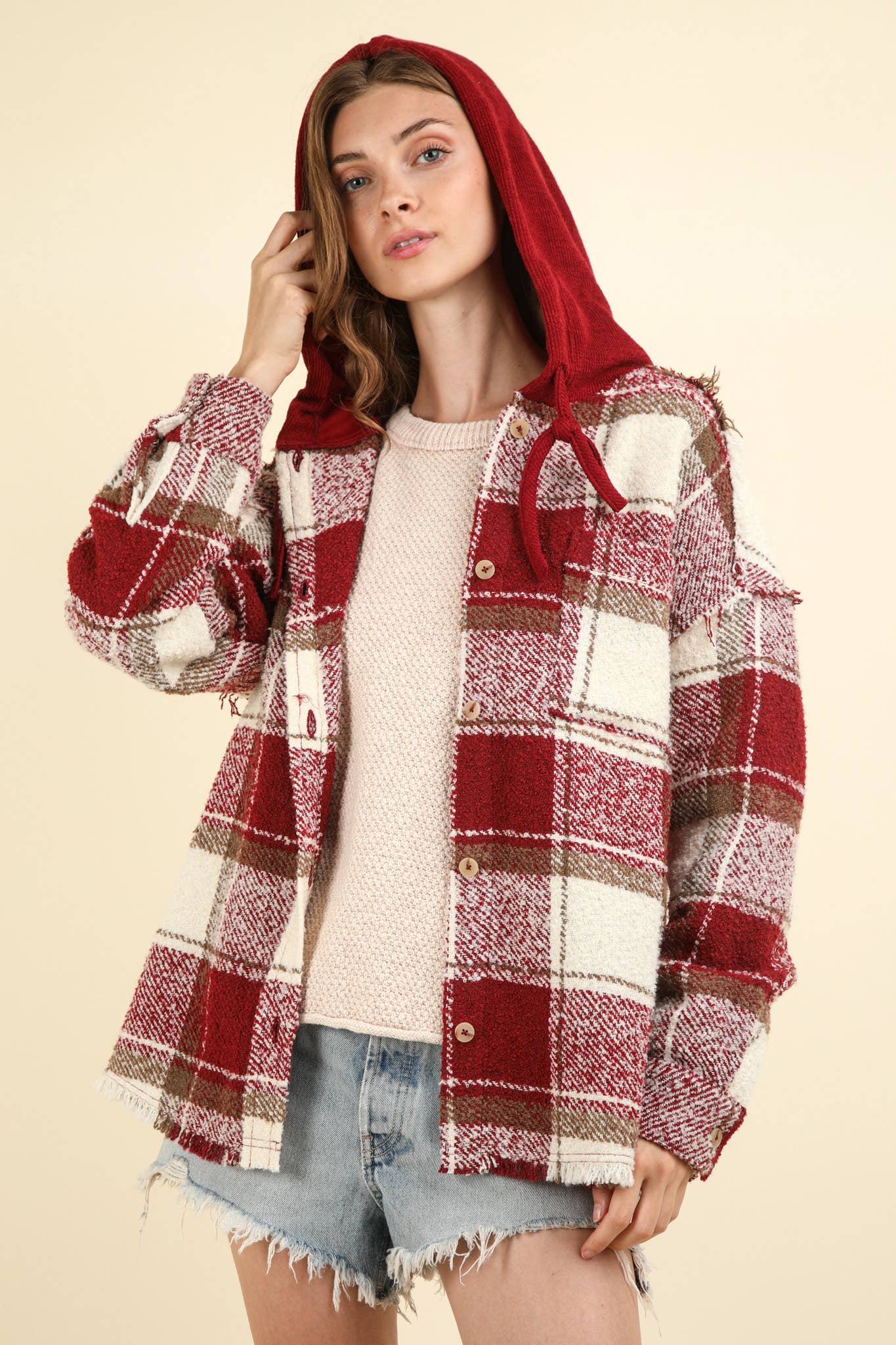 Oversized Plaid Casual Hoodie Shacket Jacket - Gray