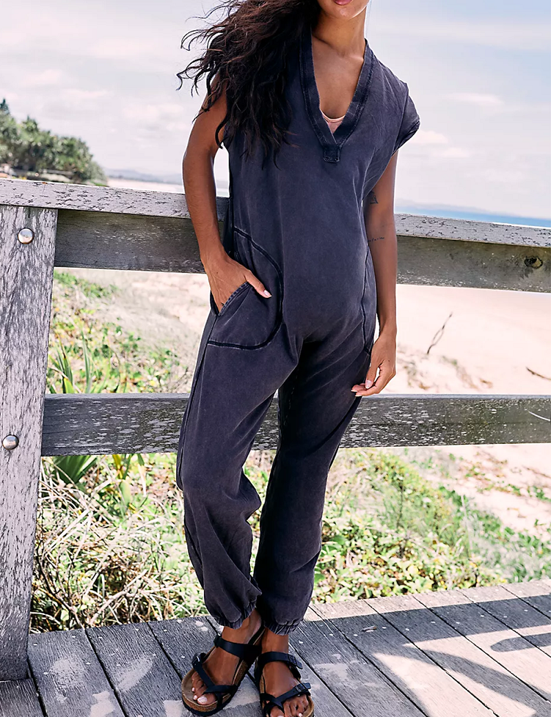 Acid Washed V-Neckline Pocketed Jumpsuit