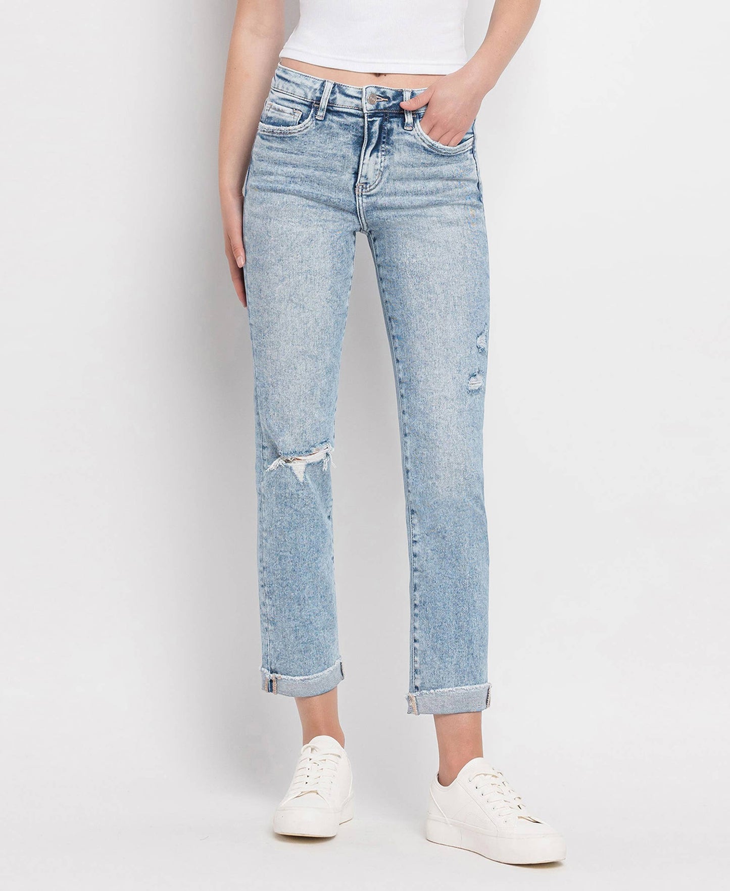 TUMMY CONTROL HIGH RISE CUFFED STRAIGHT JEANS