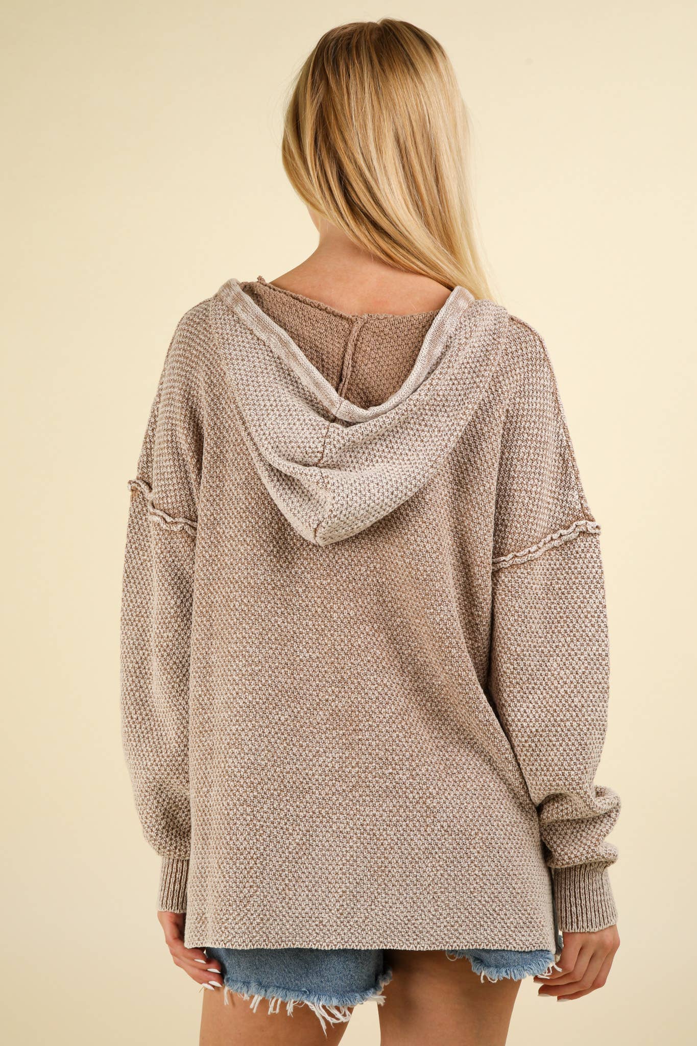 Mineral Washed Button Down Sweater Hooded Top