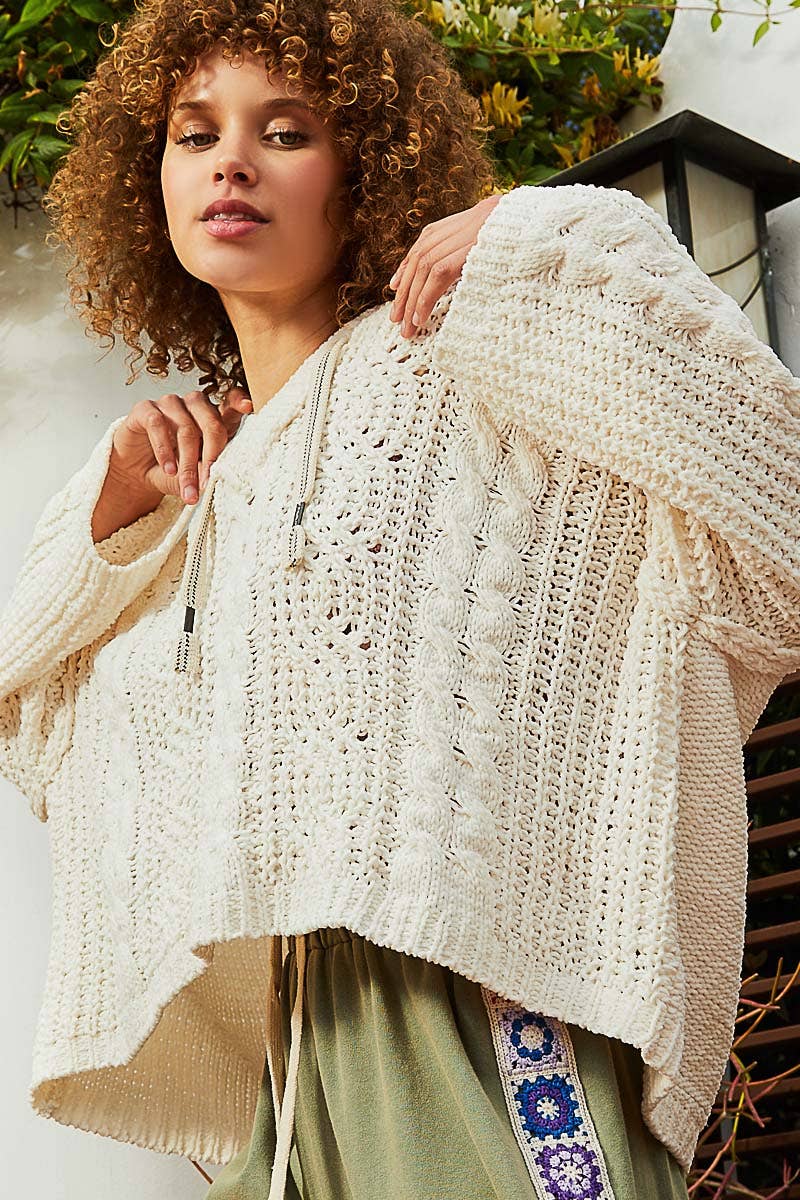 Oversize fit v-neck hooded cable knit chenille sweater - Cream