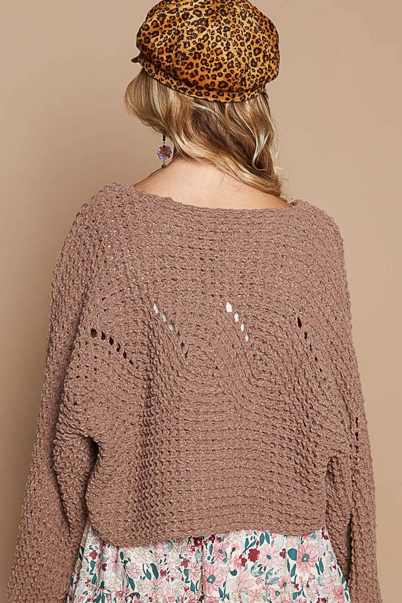 Round neck semi cropped knitted solid sweater