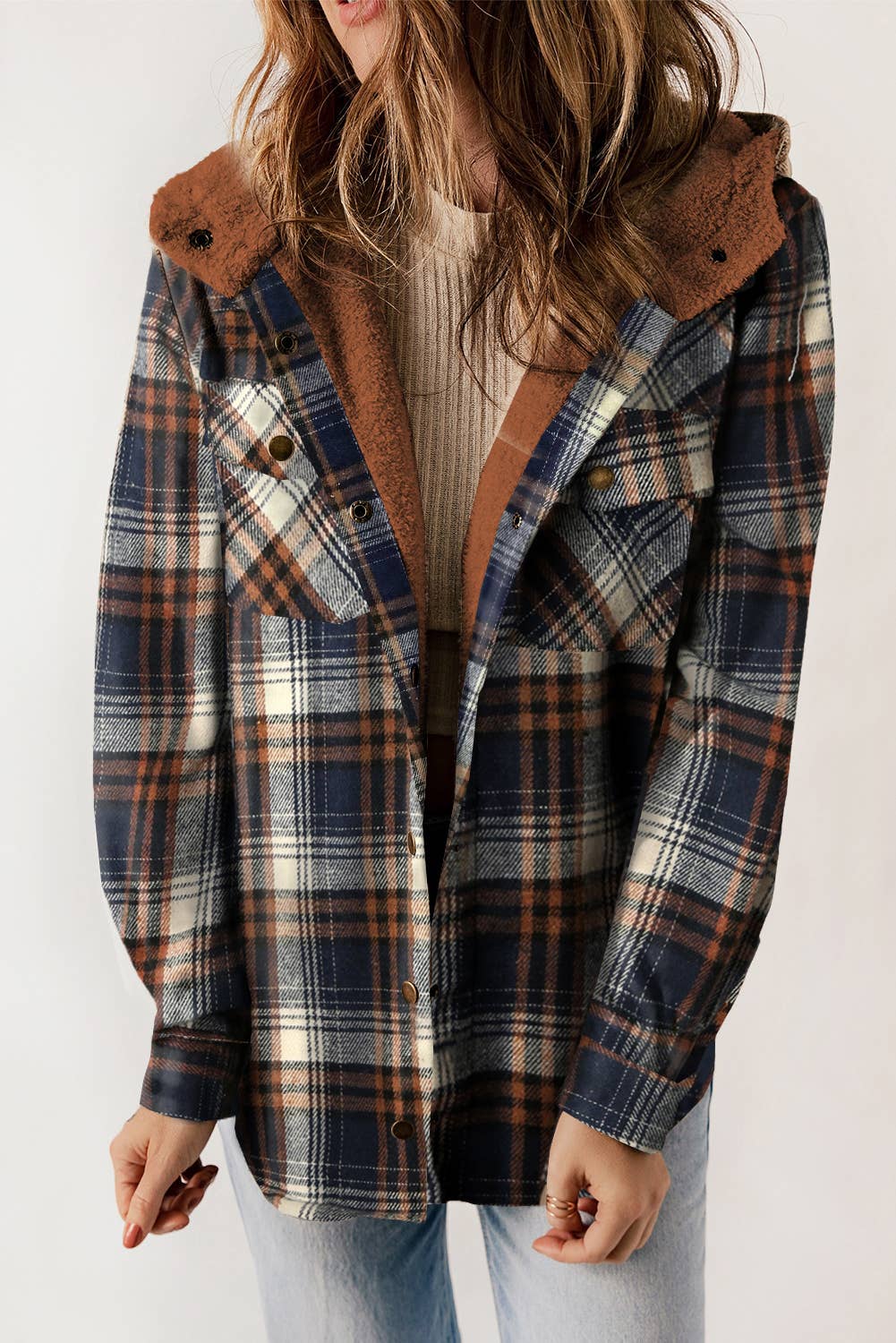 Plaid Pattern Sherpa Lined Hooded Shacket - Dark Blue