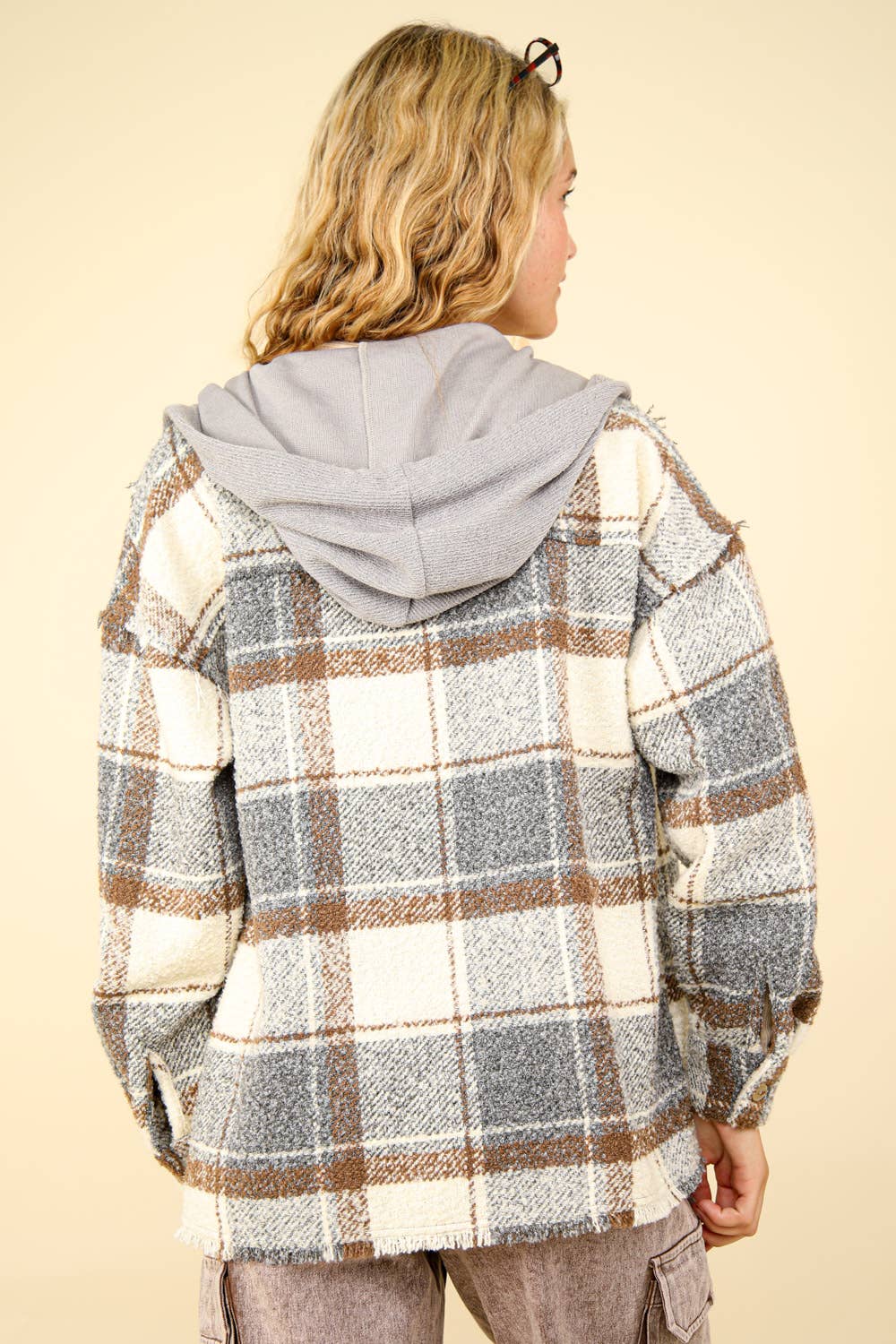 Oversized Plaid Casual Hoodie Shacket Jacket - Gray