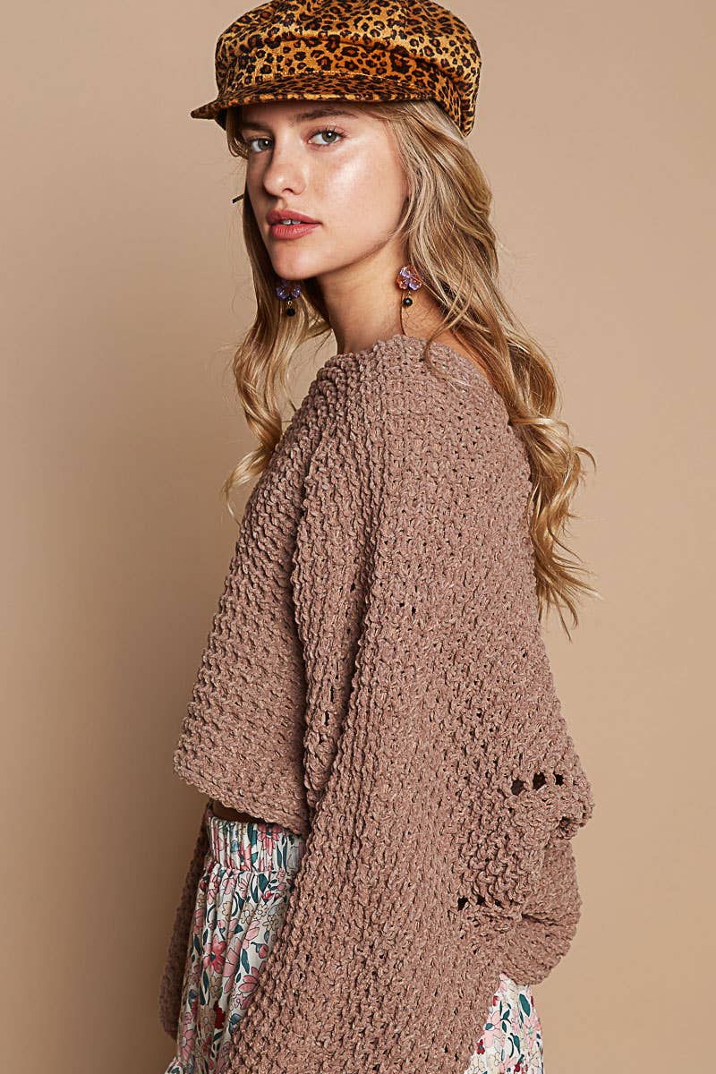 Round neck semi cropped knitted solid sweater