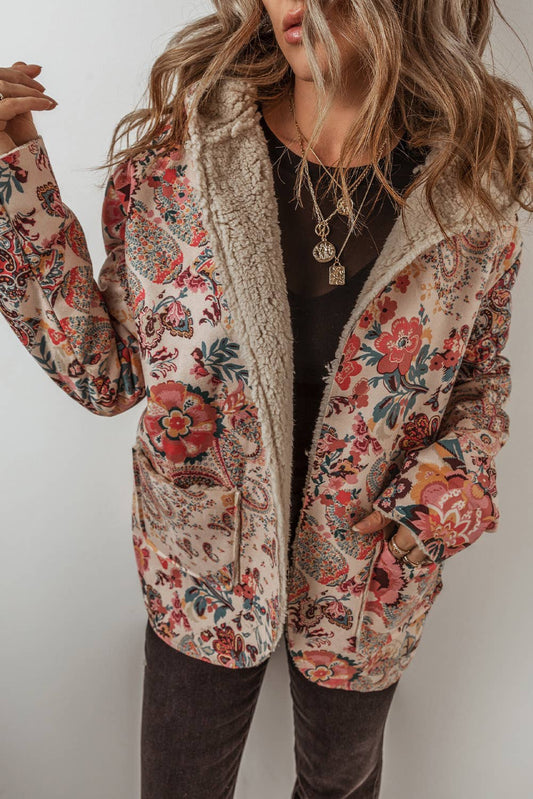 Vintage Paisley Floral Sherpa Lined Hooded Jacket - Beige