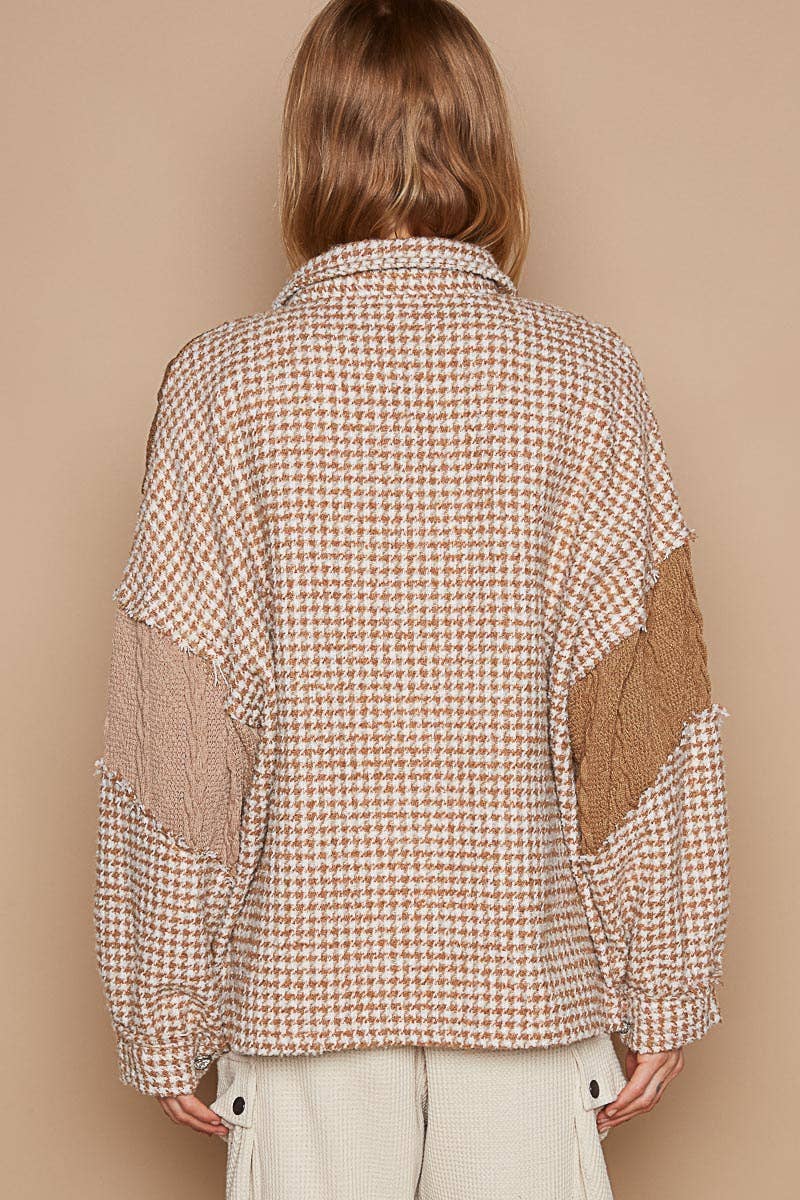 Houndstooth contrast sweater panels pocket shacket