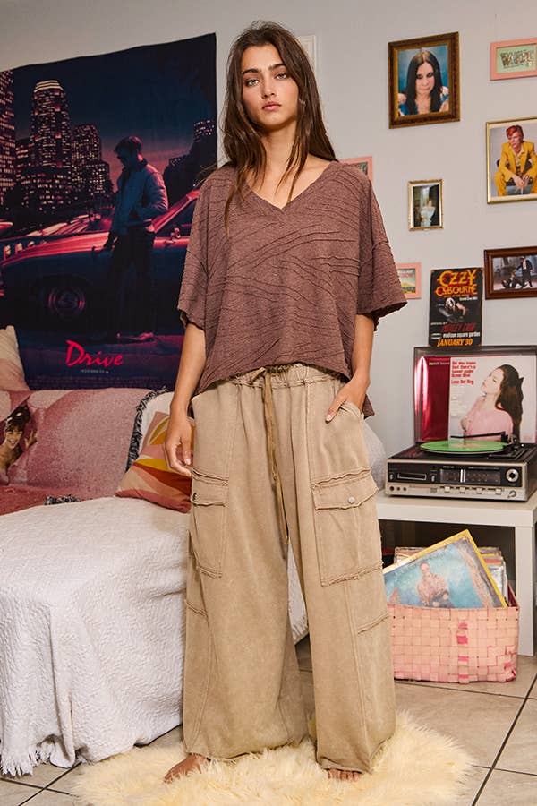 Mineral Washed Wide Leg Cargo Pants - Light brown