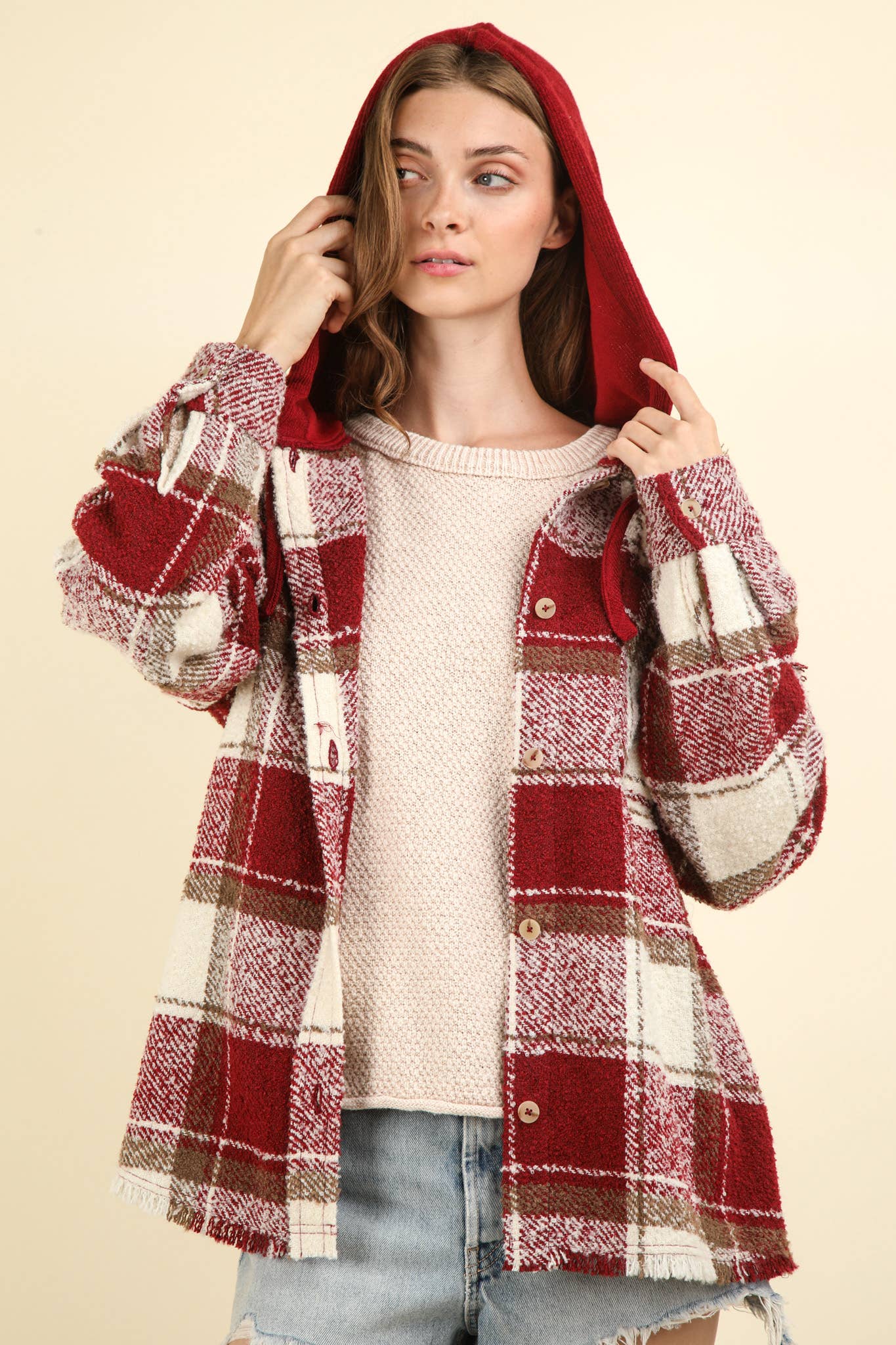 Oversized Plaid Casual Hoodie Shacket Jacket - Gray