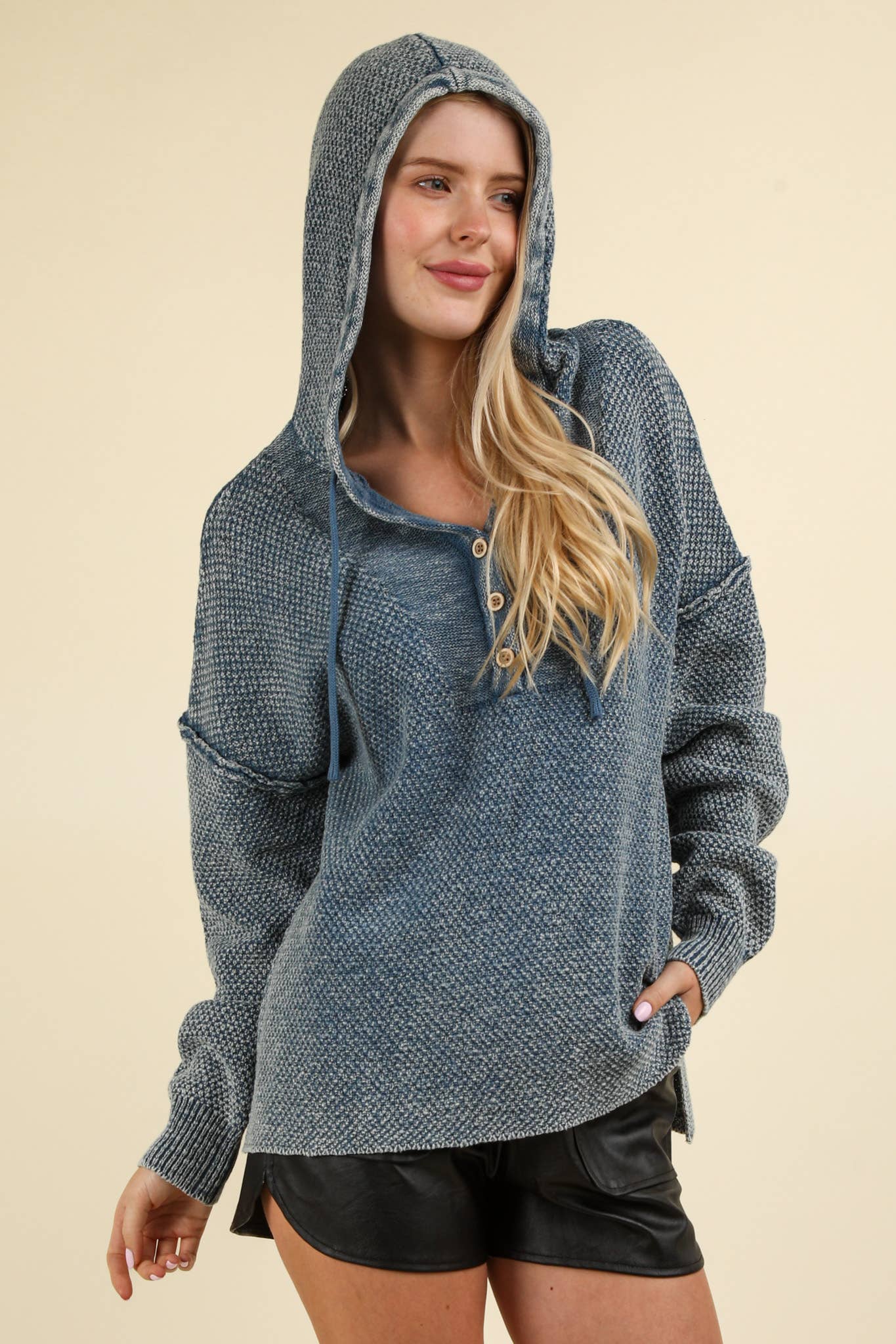 Mineral Washed Button Down Sweater Hooded Top