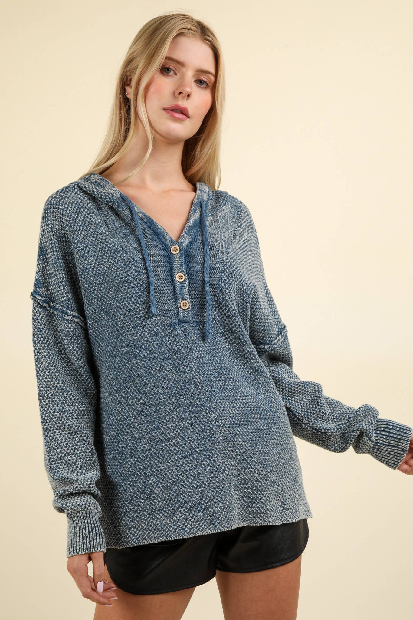 Mineral Washed Button Down Sweater Hooded Top