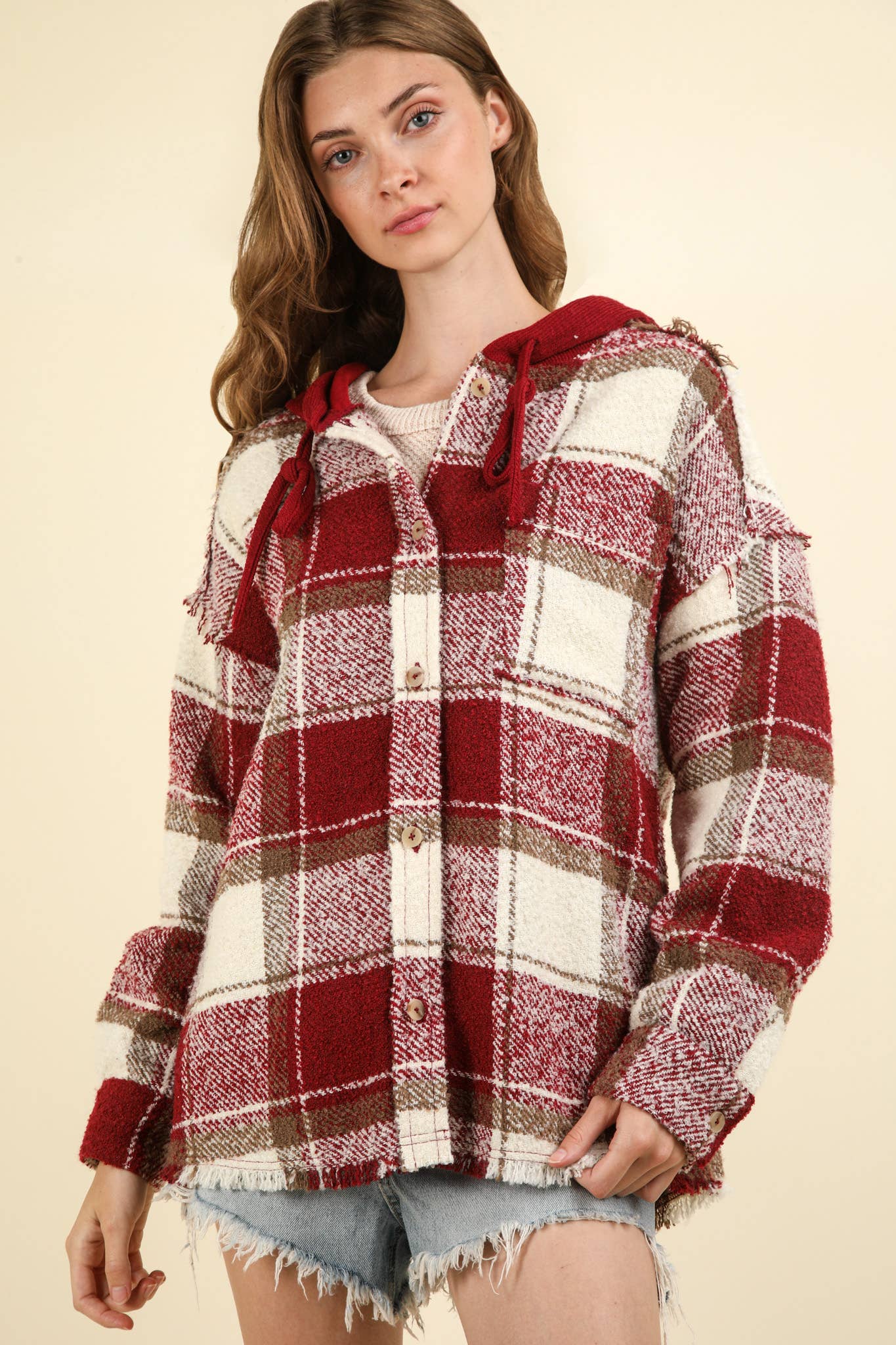 Oversized Plaid Casual Hoodie Shacket Jacket - Gray