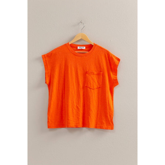 Round Neck Single Pocket Boxy Washed Tee