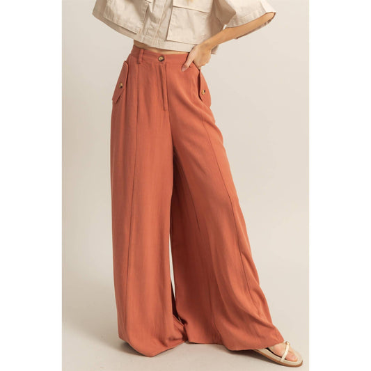 Linen Blended High Waist Flowy Pants