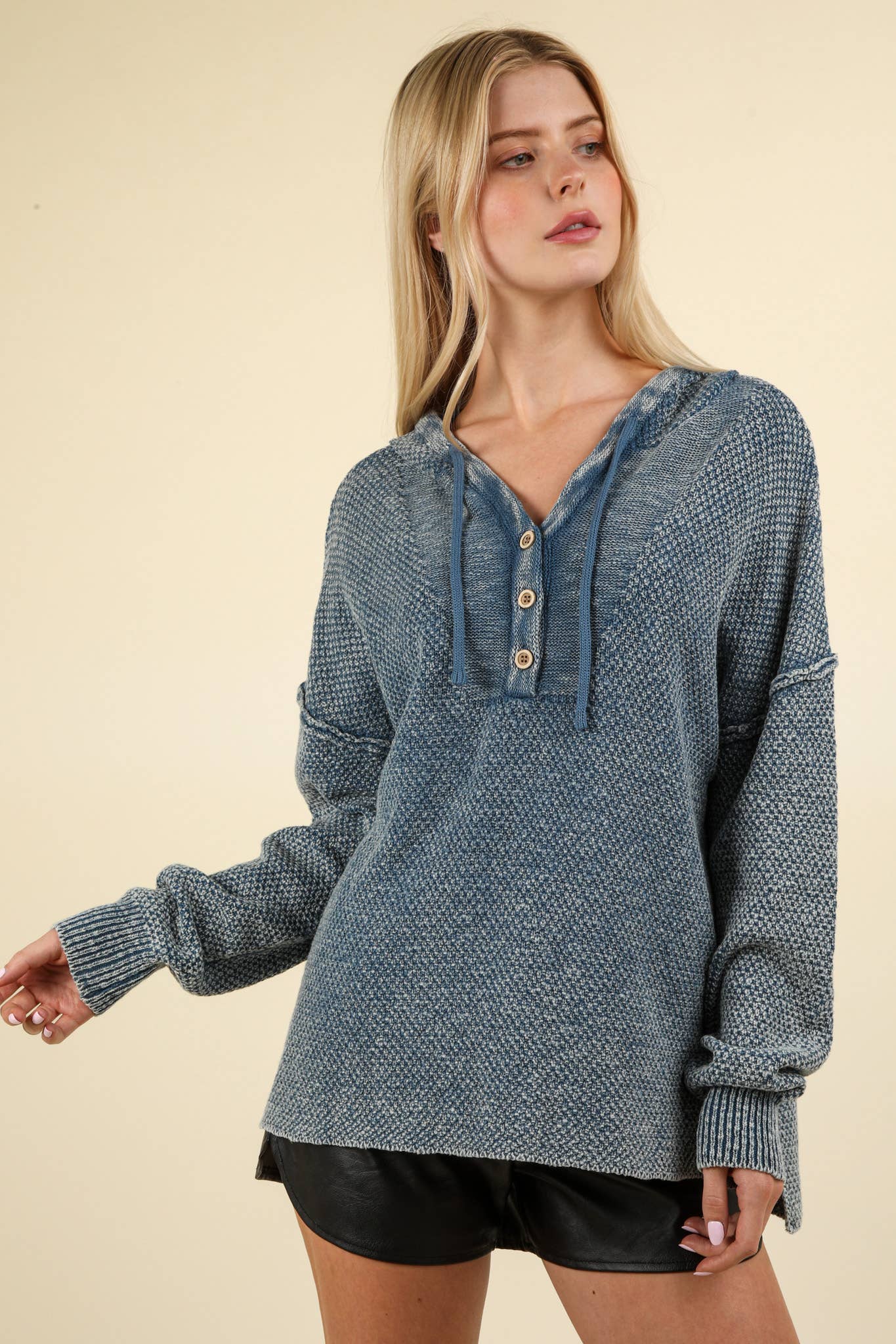 Mineral Washed Button Down Sweater Hooded Top